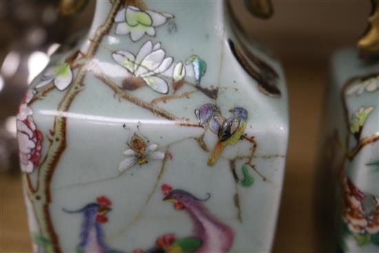 Two famille verte vases, two blue and white Chinese vases, a dish and a carved stand